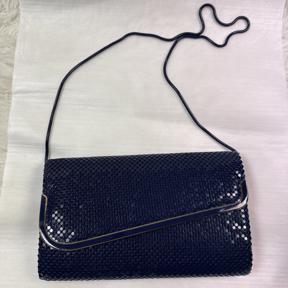 Vintage 1980s Navy Blue Metal Mesh Envelope Clutch Gold Chain Evening Bag